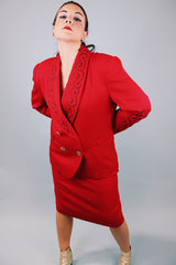 vintage 1980's red blazer and pencil skirt matching set blazer has gold and black piping and gold buttons