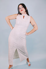 vintage 1960's ankle length dress sleeveless in silver metallic