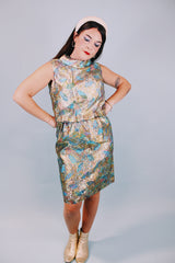 vintage 1960's gold metallic mini sleeveless dress with pink and clue floral pattern underlay