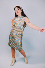 vintage 1960's gold metallic mini sleeveless dress with pink and clue floral pattern underlay