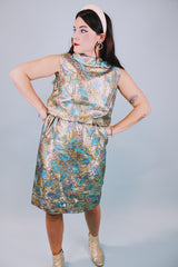 vintage 1960's gold metallic mini sleeveless dress with pink and clue floral pattern underlay