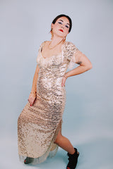 short sleeve ankle length gold sequined evening dress with beaded fringe trim