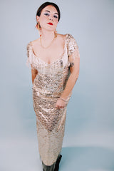 short sleeve ankle length gold sequined evening dress with beaded fringe trim