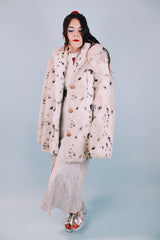 1970's vintage faux fur coat white and cream with black spots pockets and buttons