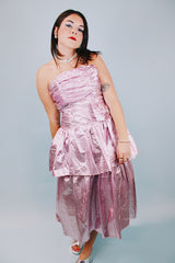 strapless 1980's pink metallic prom dress with ruffles and attached bow