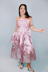 strapless 1980's pink metallic prom dress with ruffles and attached bow