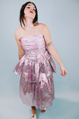 strapless 1980's pink metallic prom dress with ruffles and attached bow