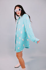long sleeve mini length 1980's blue white beaded shirt dress with collar