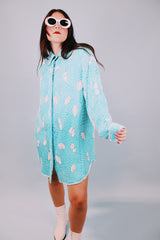 long sleeve mini length 1980's blue white beaded shirt dress with collar