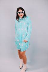 long sleeve mini length 1980's blue white beaded shirt dress with collar