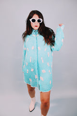 long sleeve mini length 1980's blue white beaded shirt dress with collar