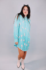 long sleeve mini length 1980's blue white beaded shirt dress with collar