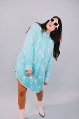 long sleeve mini length 1980's blue white beaded shirt dress with collar