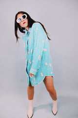 long sleeve mini length 1980's blue white beaded shirt dress with collar