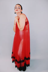 sleeveless red sheer long night dress with black lace dress vintage 1980's