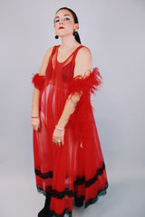 sleeveless red sheer long night dress with black lace dress vintage 1980's