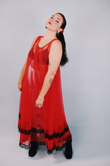 sleeveless red sheer long night dress with black lace dress vintage 1980's