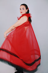 sleeveless red sheer long night dress with black lace dress vintage 1980's