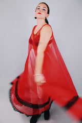 sleeveless red sheer long night dress with black lace dress vintage 1980's