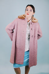 lilac wool shearling 1940's vintage coat with brown faux fur collar and poodle print liner