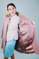 lilac wool shearling 1940's vintage coat with brown faux fur collar and poodle print liner