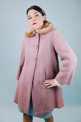 lilac wool shearling 1940's vintage coat with brown faux fur collar and poodle print liner