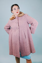 lilac wool shearling 1940's vintage coat with brown faux fur collar and poodle print liner