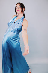 1940's vintage floor length blue silk halter dress with racerback