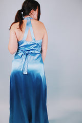 1940's vintage floor length blue silk halter dress with racerback