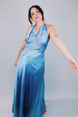 1940's vintage floor length blue silk halter dress with racerback