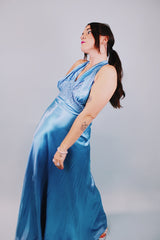 1940's vintage floor length blue silk halter dress with racerback