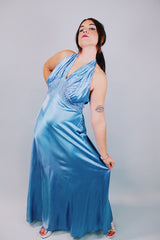 1940's vintage floor length blue silk halter dress with racerback