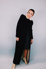 black velvet open coat floor length with white fur collar 1940's vintage
