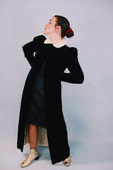 black velvet open coat floor length with white fur collar 1940's vintage