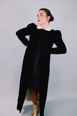 black velvet open coat floor length with white fur collar 1940's vintage