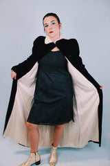 black velvet open coat floor length with white fur collar 1940's vintage