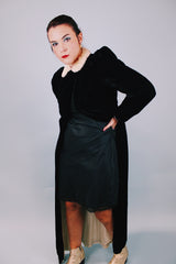 black velvet open coat floor length with white fur collar 1940's vintage