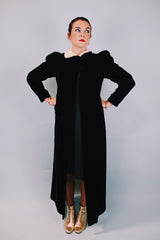 black velvet open coat floor length with white fur collar 1940's vintage