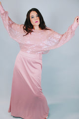 vintage 1980's spaghetti strap floor length dress with a sheer sequined dolman top to put over all in mauve color