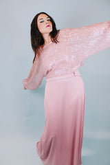 vintage 1980's spaghetti strap floor length dress with a sheer sequined dolman top to put over all in mauve color