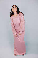 vintage 1980's spaghetti strap floor length dress with a sheer sequined dolman top to put over all in mauve color