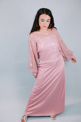 vintage 1980's spaghetti strap floor length dress with a sheer sequined dolman top to put over all in mauve color