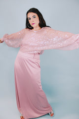 vintage 1980's spaghetti strap floor length dress with a sheer sequined dolman top to put over all in mauve color