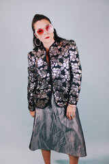 long sleeve vintage 1980's black jacket with silver floral patterned sequins all over