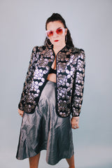 long sleeve vintage 1980's black jacket with silver floral patterned sequins all over