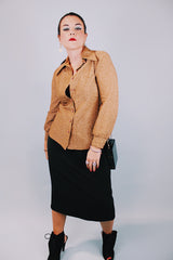 vintage 1970's long sleeve button up blouse with collar in gold metallic material