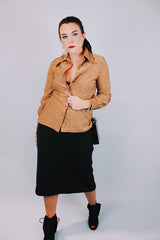 vintage 1970's long sleeve button up blouse with collar in gold metallic material