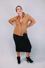 vintage 1970's long sleeve button up blouse with collar in gold metallic material