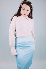 1970's long sleeve button up blouse with collar in a shiny silver metallic material