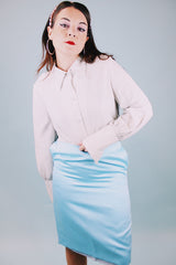 1970's long sleeve button up blouse with collar in a shiny silver metallic material